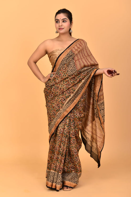 Bagru print Maheshwari silk saree