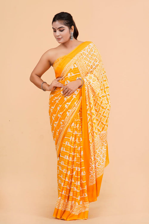 Mango  yellow color Soft  mulmul cotton saree