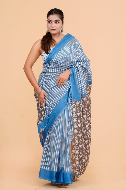 Light Blue Soft Mulmul  Cotton Saree