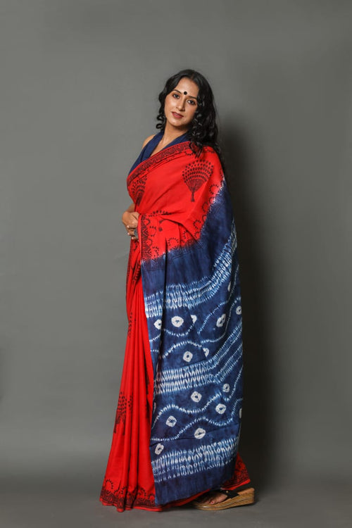 Red and blue color Soft mulmul cotton saree