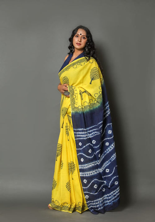 Lemon Yellow Soft  Mulmul Cotton Saree