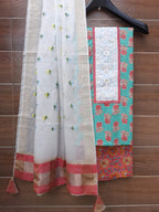 Sea green color cotton dress material with embroidery dupatta