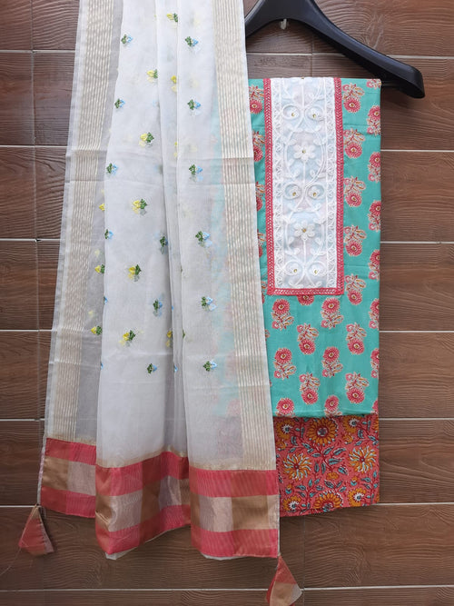 Sea green color cotton dress material with embroidery dupatta