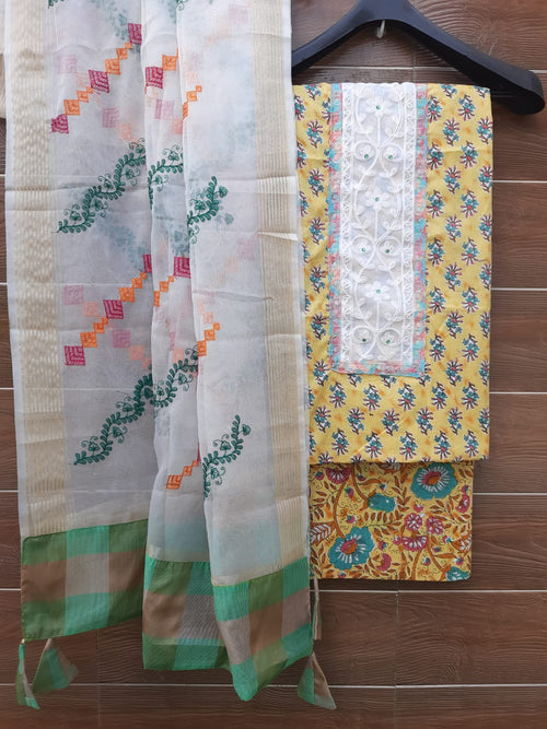 Designer cotton suit with organza embroidery dupatta