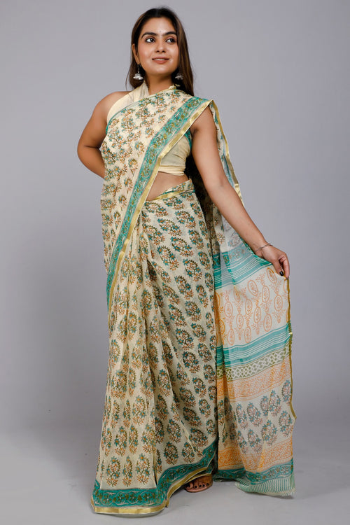 Beige with sea green color chiffon block print saree