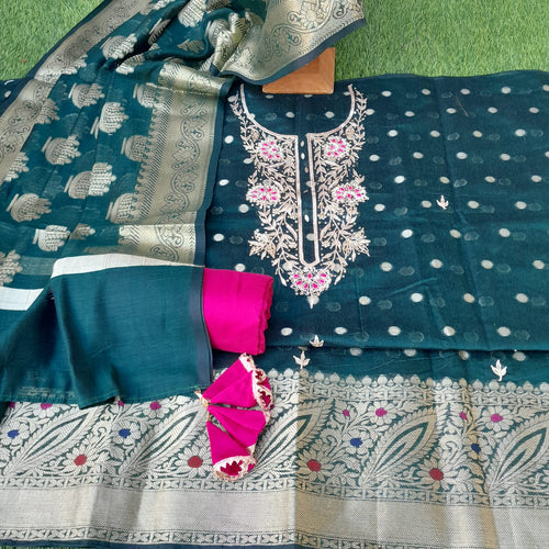 Dark green color Banarsi  zari weaving with gota patti suits