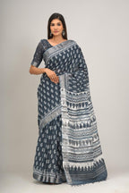 Gray  color handloom linen block print saree