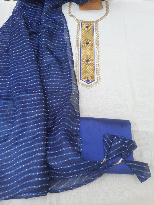 White color  Chanderi Silk Dress Material With Kota Lahariya print Dupatta