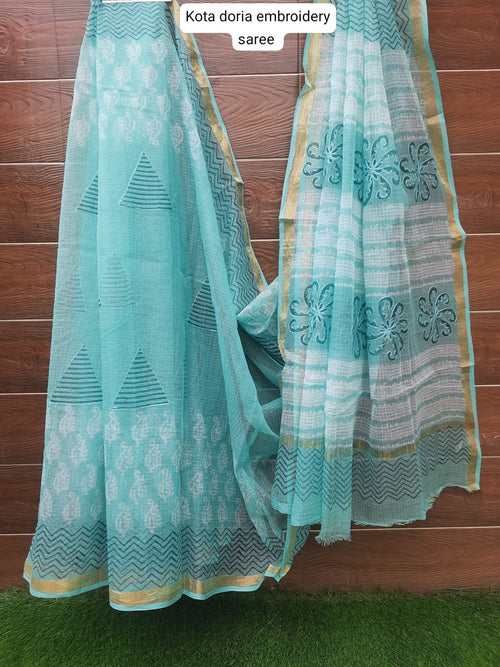 Sky Blue Color Kota Doriya  With Embroidery Saree