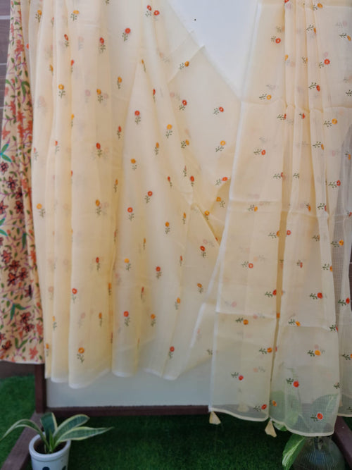Light Lemom Yellow Color Kota Doriya With  Embroidery Saree