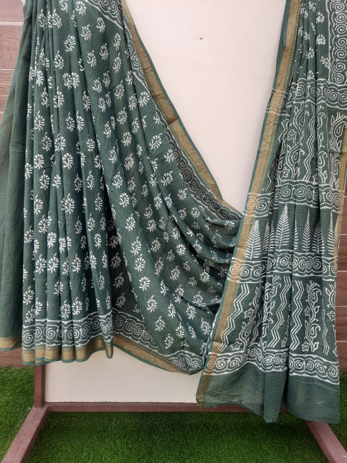 Dark Green Mulmul Cotton Saree