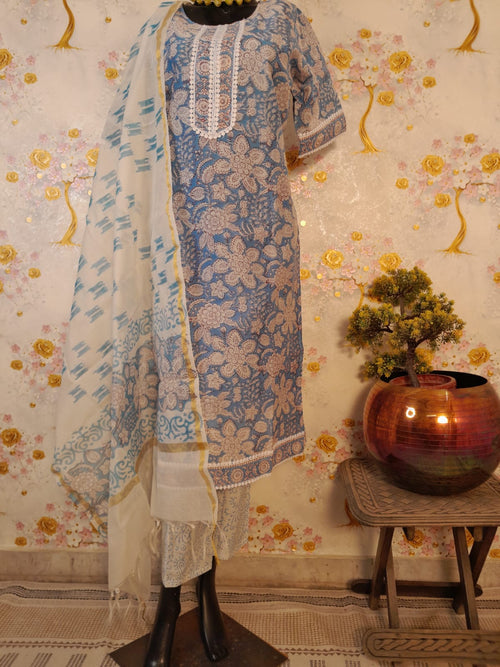 SKY BLUE COLOR  HANDLOOM CHANDERI SILK BLOCK PRINT SUIT