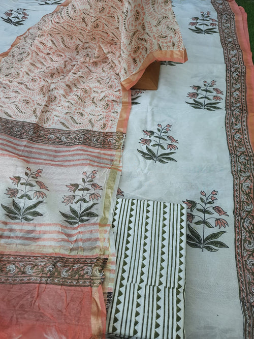 Beautiful Pearl White Color Chanderi Hand Block Print Suit