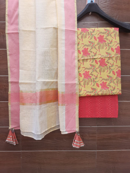 Pastel Yellow Color Cotton Suit With Chanderi Dupatta