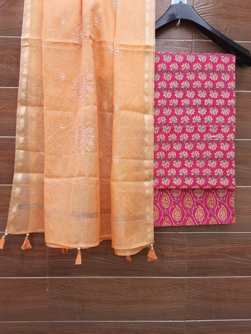 Rani Color Cotton Suit With Chanderi Dupatta
