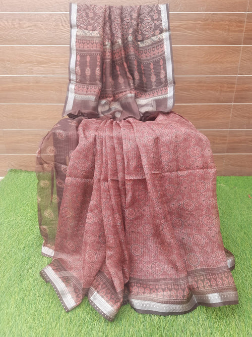 Light Brown Color Soft  Kota Silk Digital Print With Zari Border