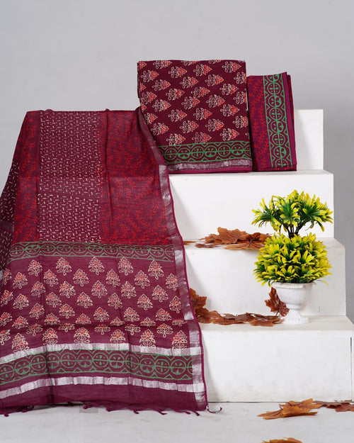 Maroon Color Pure Linen Hand Block Print with Zari Border Suit