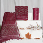 Dark Maroon Color Pure Linen Hand Block Print with Zari Border Suit