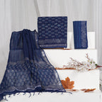 Dark Blue Color Pure Linen Hand Block Print With Zari Border Suit