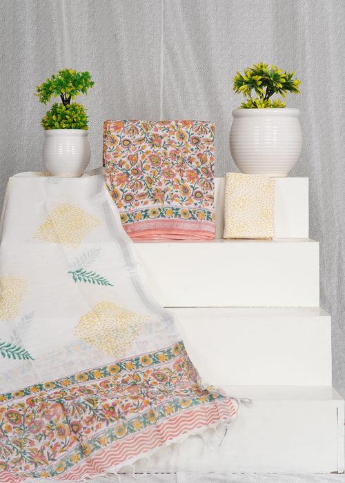 Multicolor Pure Linen Hand Block Print With Zari Border Suit