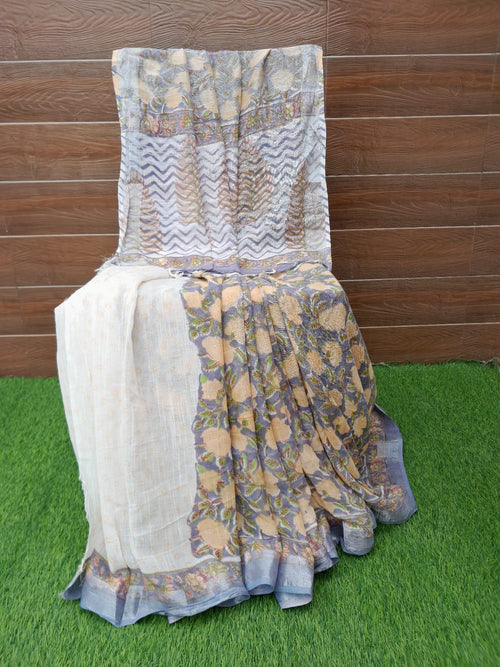Grey Color Handloom Linen Block Print Saree