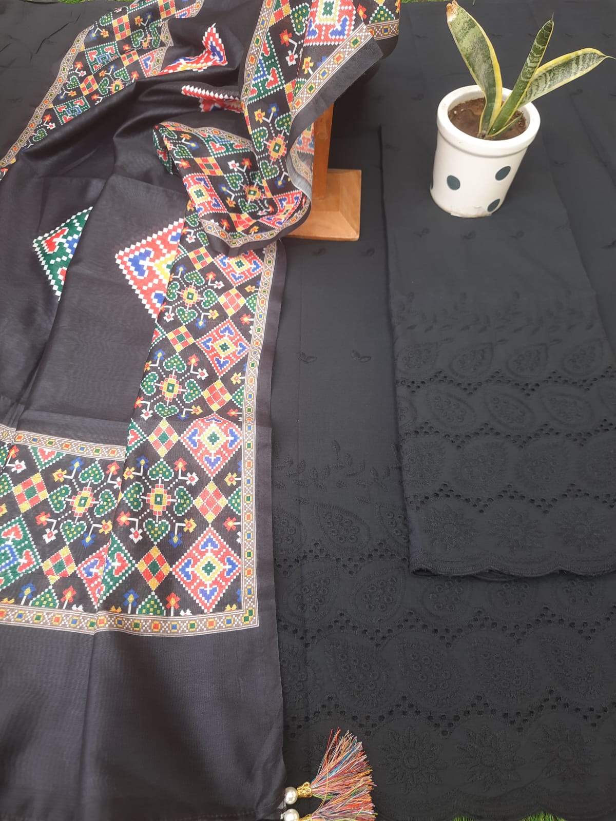 Black Color Cotton Embroidery Hakoba Suit With Soft Silk Patola Print ...