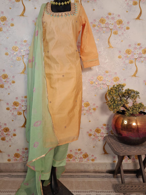Golden Yellow Soft Silk Aari Work Suit With Chiffon Bandhej Dupatta
