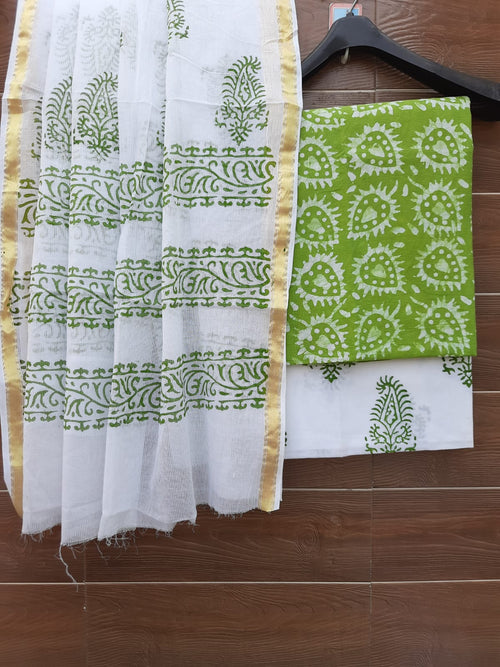 Florence  Green Color Cotton With Mulmul Dupatta Set