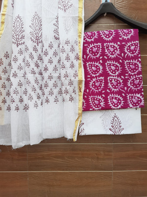 Lavender Color Wax Batik Hand Block Print Cotton Suit With Cotton Dupatta