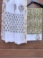 Pastel Yellow Color Wax Batik Hand Block Print Cotton Suit With Cotton Dupatta