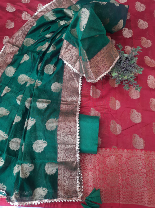 Red Color Banarsi With  Bottle Green Color Banarsi Silk dupatta