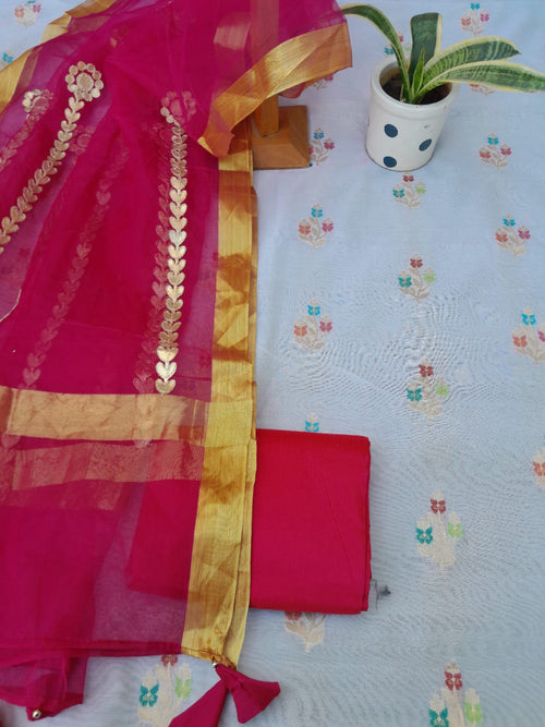 Banarsi Meena Kari Work Suit With Organza Gota Patti Zari Weaving Dupatta