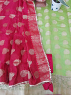 Green Banarasi Suit With Red Banarasi Dupatta
