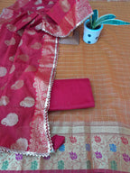 Orange Color Beautiful Soft Tissue Organza Banarsi Suit With Soft Banarsi Dupatta