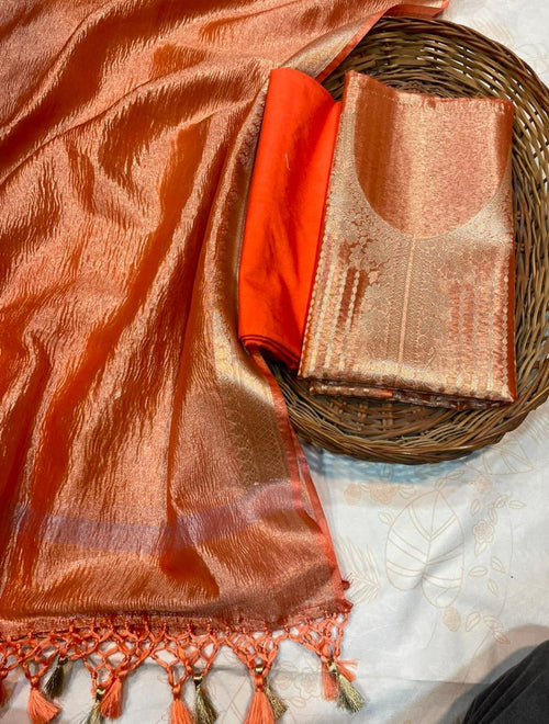 Orange Color Crush Banarsi Tissue  Copper Zari Silk Dress Material