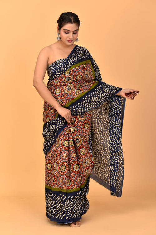 Ajrakh Print Mulmul  Cotton  Saree