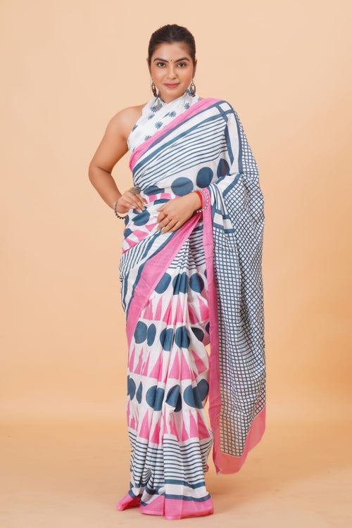 Pink with Grey  Color  Mulmul Cotton Saree