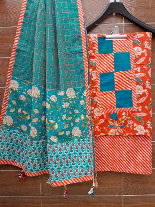 Orange Colour Designer Cotton Patch Work Suit