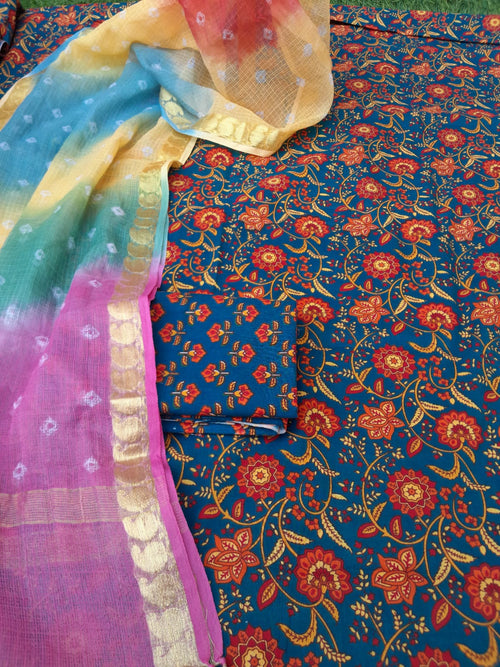 Carbon  blue cotton suit with  kota doriya dupatta