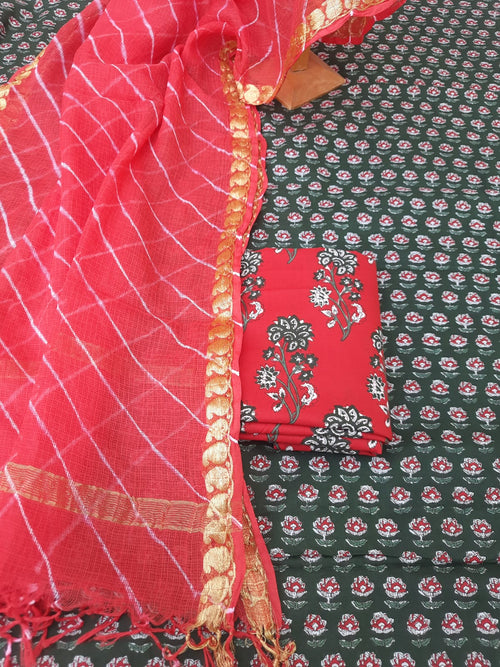 Red color cotton  suit with kota  dupatta