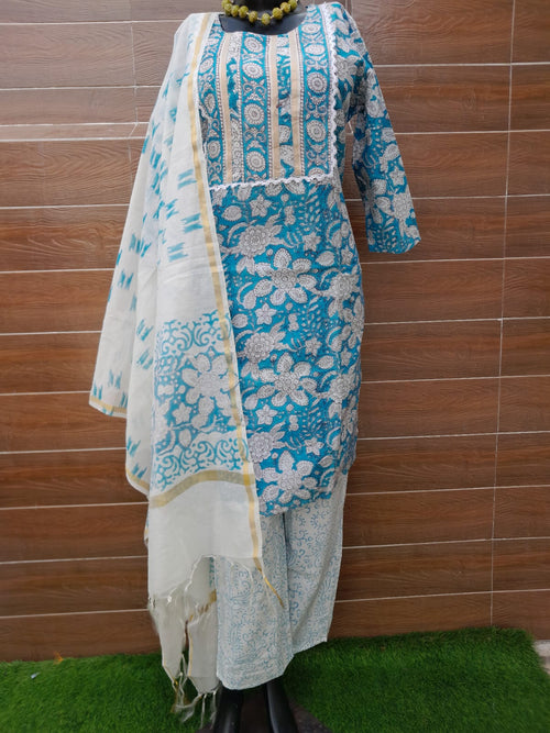 Ocean Blue Color Chanderi Silk Block Print Suit