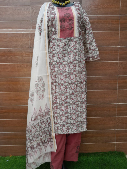 Pastel Color Chanderi Block Print Stitched Suit With Chanderi Dupatta