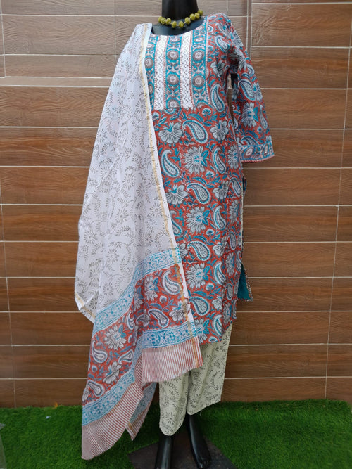 Rust Color Chanderi Silk Block Print Suit