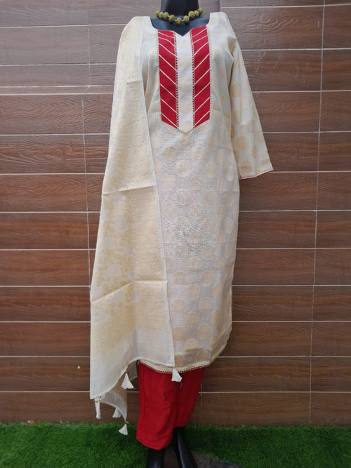 Pearl  White Kota Zari Weaving Suit