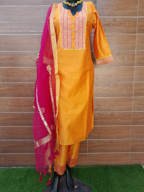 Mustard Yellow Color Handloom Silk With Gotta Patti work Dupatta