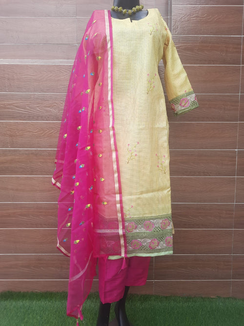Designer Lemon Yellow Kota Silk Suit - Aaditri fab