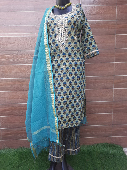 Ajrakh print Pastel color cotton suit  with gotta aptti work