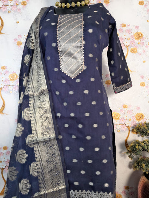 Dark Blue Color  Banarsi Silk Zari Woven  Suit