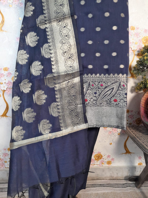Dark Blue Color  Banarsi Silk Zari Woven  Suit