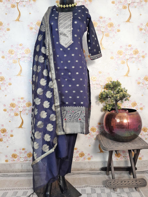 Dark Blue Color  Banarsi Silk Zari Woven  Suit